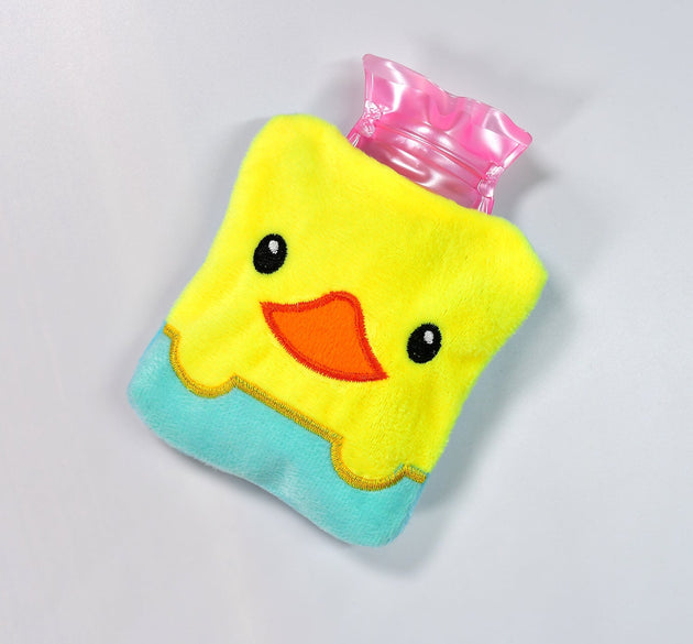 Small hot water bag with yellow duck design for pain relief.