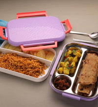 Multi-compartment lunch box with steel plates and a lid.