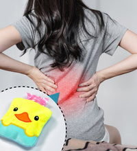 Yellow duck hot water bag with soft cover, perfect for pain relief.