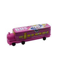 Bus-shaped pencil box with wheels, sharpener included.