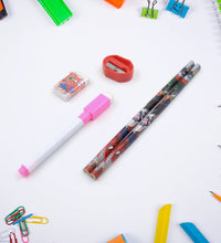 Cartoon metal pencil case set with compass, eraser, marker, and scale