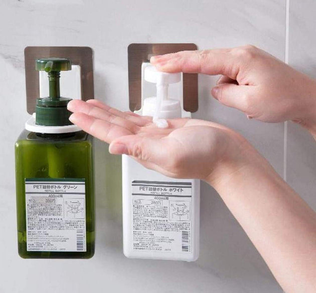 Self-sticky hook for wall with shampoo and body wash bottles