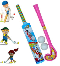 Different views of kid-friendly plastic bat, ball, and hockey set