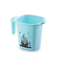 Plastic bathroom set with 6 pieces: bucket, dustbin, mug, stool, soap case, and tub, shown from various perspectives.