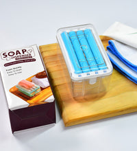 Portable soap dish with roller and drainage for effective soap management