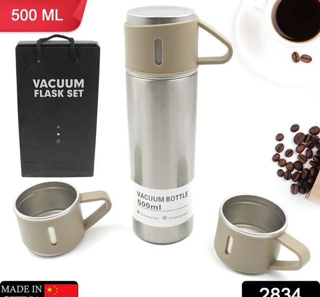 Stainless Steel Vacuum Flask Set with 3 Steel Cups Combo for Coffee Hot Drink and Cold Water Flask Ideal Gifting Travel Friendly Latest Flask Bottle. (500ml)