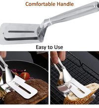 Versatile stainless steel turner and tongs for kitchen use