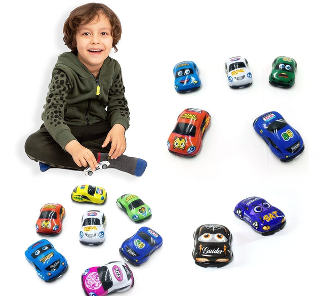 Mini pull back cars in assorted colors, great for kids' playtime.