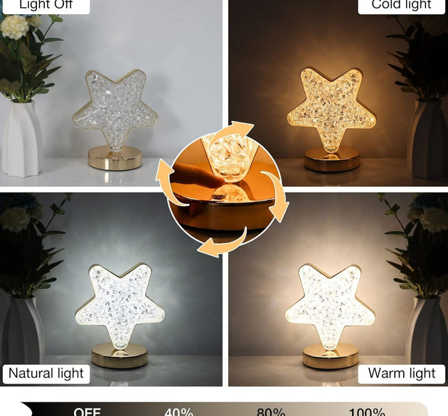 Star Shape Crystal Diamond Lamp Cordless Luxury Lamp with USB Rechargeable, 3-Way Dimmable & Touch Control Decorative Nightstand Lamp for Bedroom, Living Room, Party, Restaurant Decor (1 Pc )