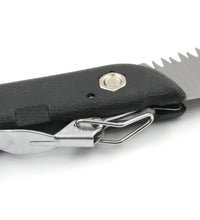 Compact folding handsaw for pruning and cutting, suitable for wood, PVC, and bone.