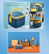 Two-layer blue lunch box with handle and spoon