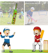 Kids using plastic bat, ball, and hockey set for active play