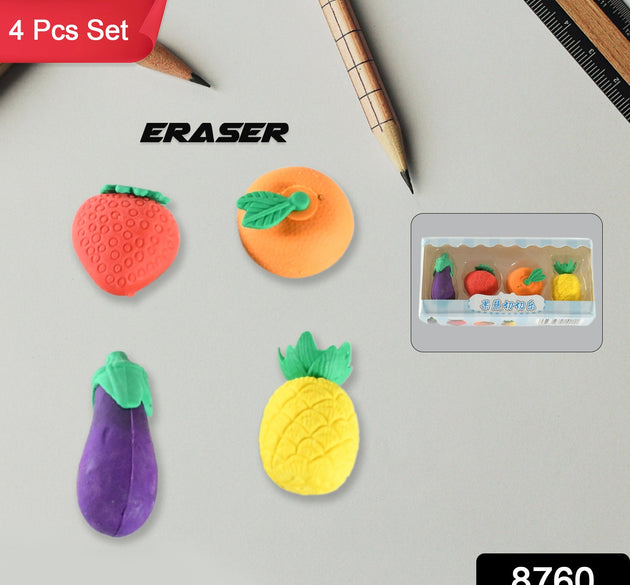 Mini Cute Vegetables and Fruits Erasers or Pencil Rubbers for Kids, 1 Set Fancy & Stylish Colorful Erasers for Children, Eraser Set for Return Gift, Birthday Party, School Prize, 3D Erasers  (4 pc Set)