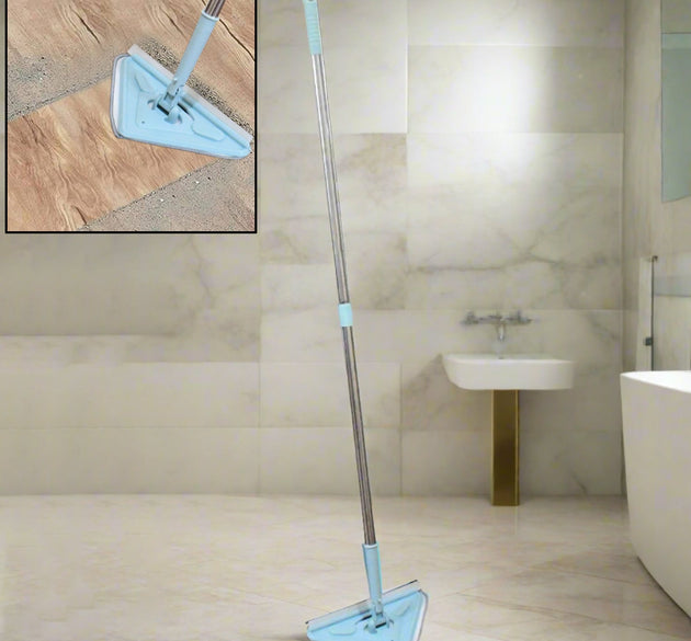 Extendable triangle mop with telescopic handle, 360-degree rotating.