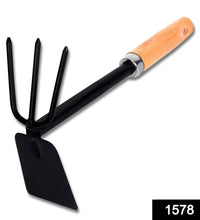 Double-ended hoe gardening tool with wooden handle.