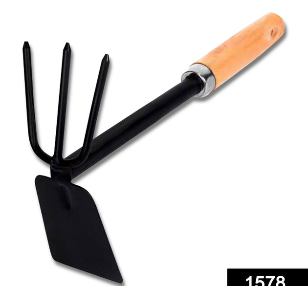 Gardening tool with double hoe ends and wooden handle.