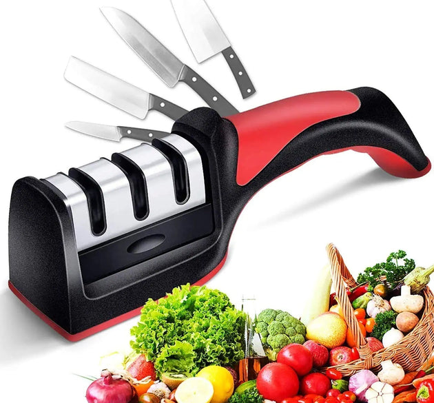 Red 3-stage knife sharpener for ceramic and steel knives