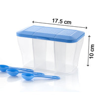 Plastic storage container, 750ml capacity, square design for efficient space use.