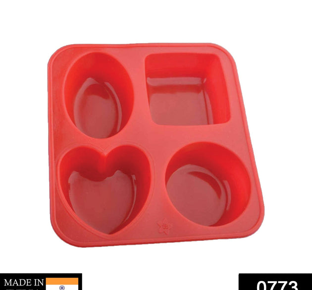 Silicone mold set with circle, square, oval, and heart shapes for soap or mini cakes.