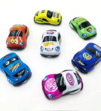 Group of mini pull back cars, showcasing different designs for children.