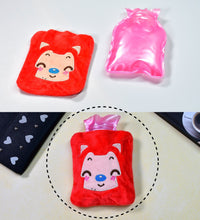 Pink cat-shaped hot water bag with cover for pain relief