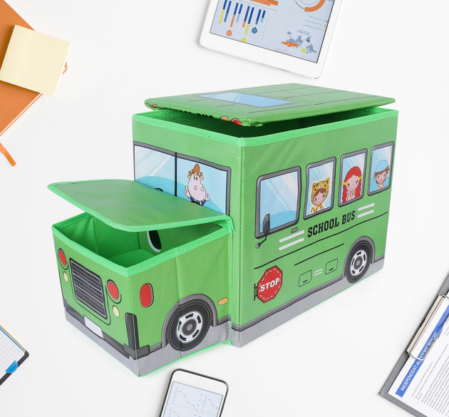 Foldable bus-shaped toy storage box with lid for kids' toys and books