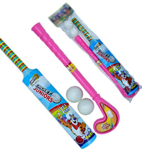 Close-up of plastic bat, ball, and hockey set in vibrant colors