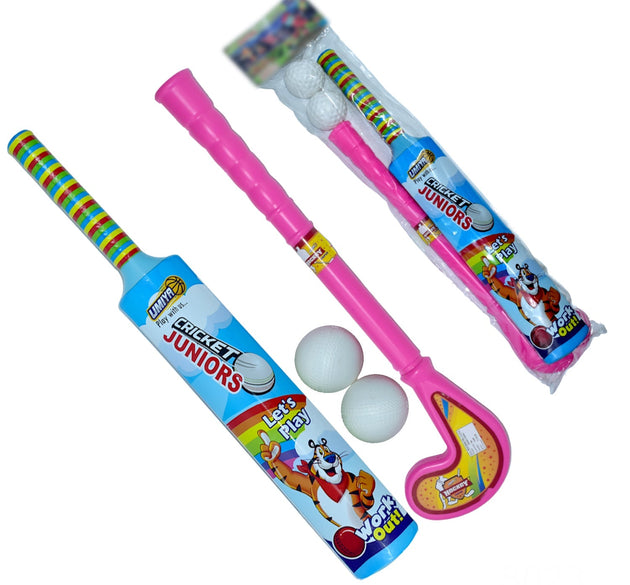 Close-up of plastic bat, ball, and hockey set in vibrant colors