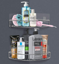 Corner shower caddy for storing and organizing household items and toiletries.