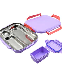 Small lunch box, pink and blue plastic, with steel plate, kids school.