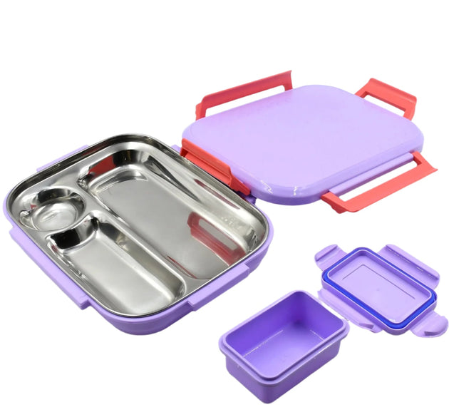 Small lunch box, pink and blue plastic, with steel plate, kids school.