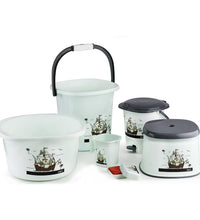 6-piece plastic bathroom set including bucket, dustbin, mug, stool, soap case, and tub, various perspectives.