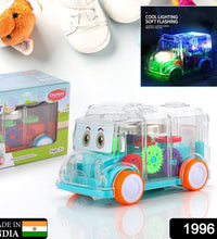 Musical school bus toy with transparent design.