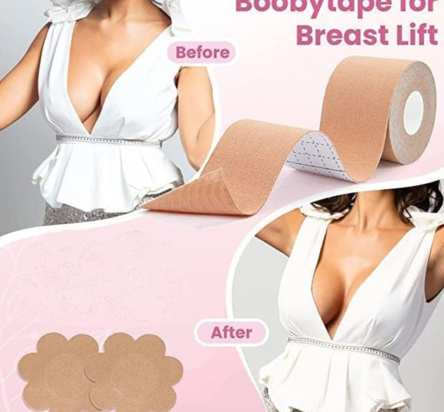 Boob Tape with Nipple Covers: Cotton, Breathable, Lift & Support (5m, 10 Pairs)