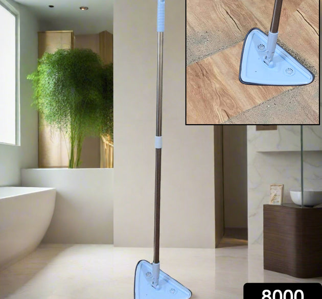 Extendable triangle mop with telescopic handle, 360-degree rotating.