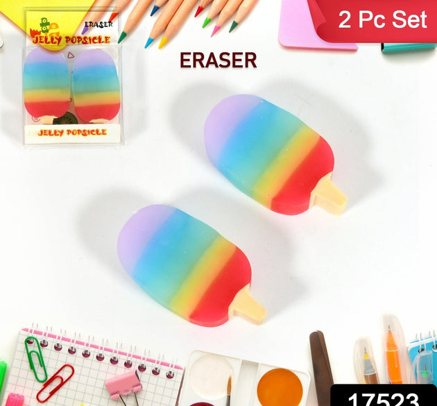 Jelly Popsicle Shape Fancy & Stylish Erasers, Mini Eraser Creative Cute Novelty Eraser for Children Eraser Set for Return Gift, Birthday Party, School Prize (2 Pc Set| Mix Design)