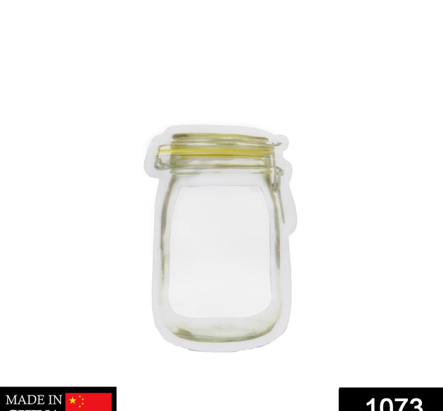 Airtight plastic food storage jar with zipper, 150ml capacity.