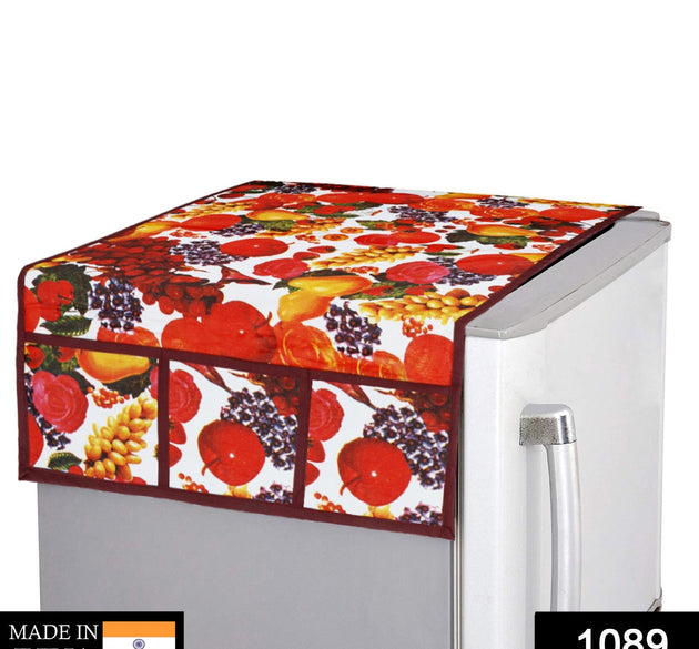 Decorative PVC fridge top cover with a fruit design in white and maroon.