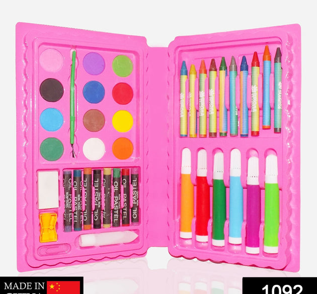 42-piece art kit including crayons, watercolor, and sketch pens.