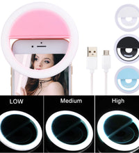 Selfie ring light, full view with adjustable settings