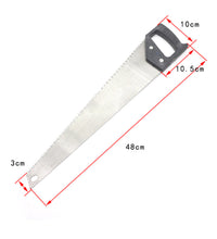 Steel hand saw with large cutting blade.