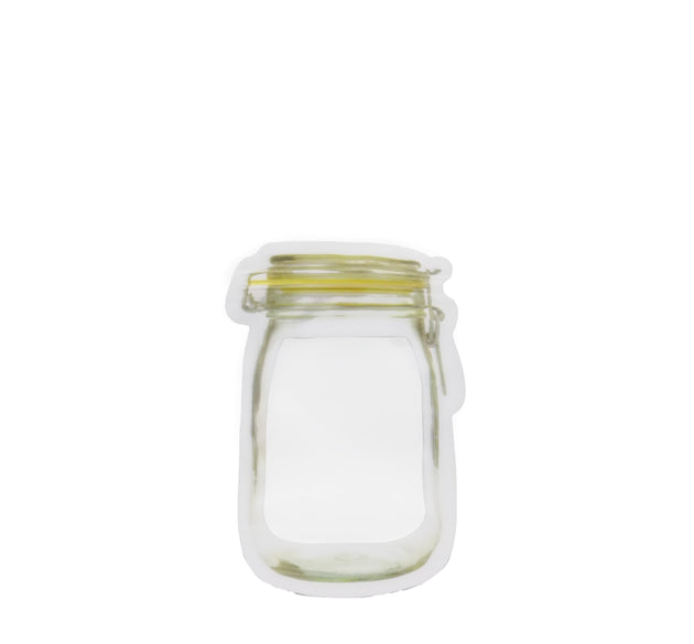 Airtight plastic food storage jar with zipper, 150ml capacity.