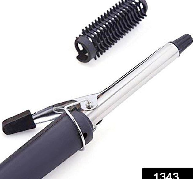 Black hair curling iron rod with heat control.