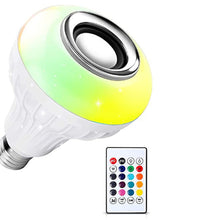 Bluetooth LED bulb with multicolor lighting and remote controller.