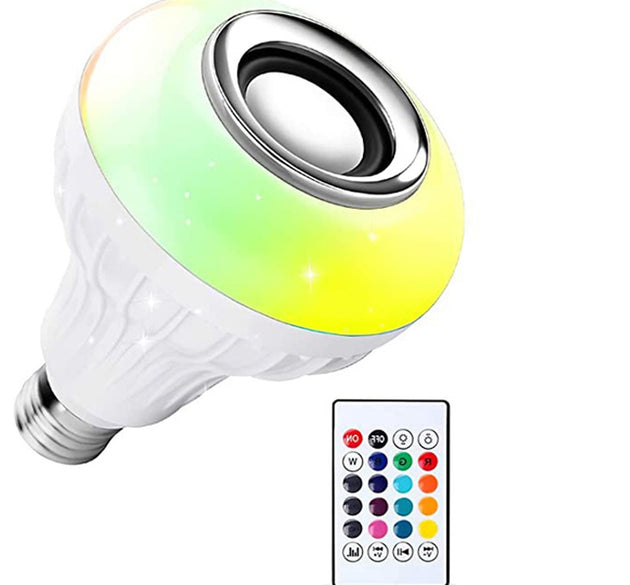 Bluetooth LED bulb with multicolor lighting and remote controller.