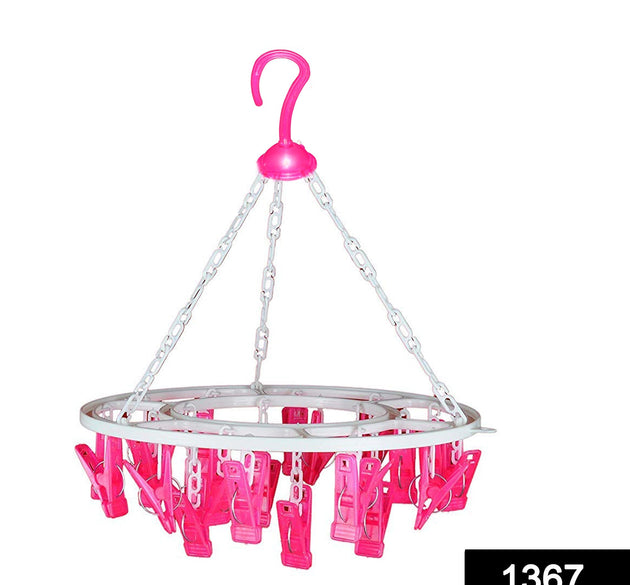 360-degree rotatable hanger with 24 clips for efficient drying.