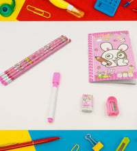 Kids' stationery kit with wooden pencils, sharpener, and eraser.