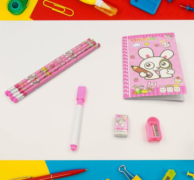 Kids' stationery kit with wooden pencils, sharpener, and eraser.