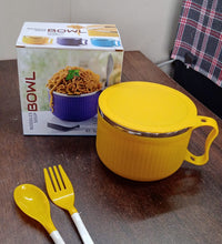 Set of colorful bowls with handles and lids, perfect for breakfast, fruits, ramen, and snacks. Dishwasher safe.