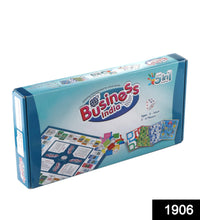 Box of business game with plastic money coins and instructions